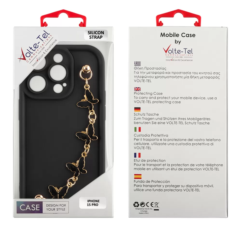 VOLTE-TEL ΘΗΚΗ IPHONE 15 PRO 6.1" SILICON TPU WITH STRAP FULL CAMERA PROTECTION BLACK WITH BLACK BUTTERFLIES - Image 2