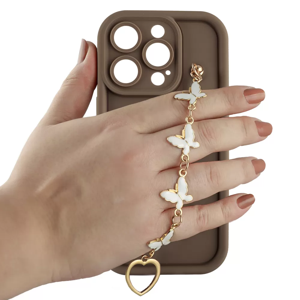 VOLTE-TEL ΘΗΚΗ IPHONE 15 PRO 6.1" SILICON TPU WITH STRAP FULL CAMERA PROTECTION BROWN WITH WHITE BUTTERFLIES - Image 5