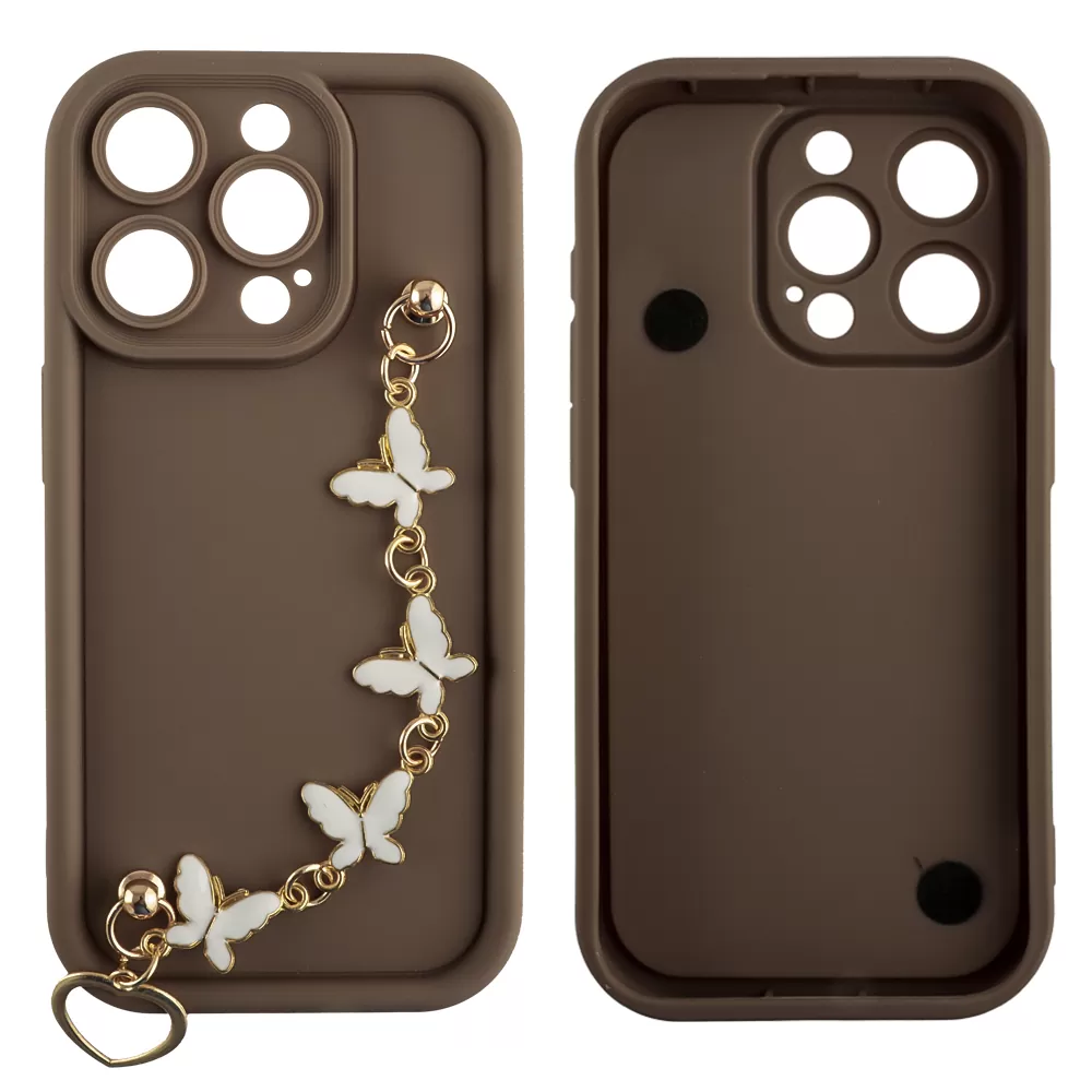 VOLTE-TEL ΘΗΚΗ IPHONE 15 PRO 6.1" SILICON TPU WITH STRAP FULL CAMERA PROTECTION BROWN WITH WHITE BUTTERFLIES - Image 3