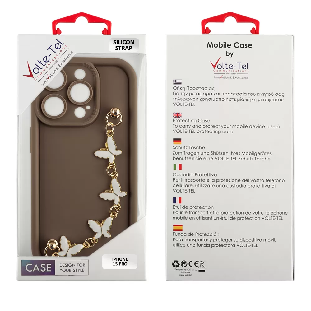 VOLTE-TEL ΘΗΚΗ IPHONE 15 PRO 6.1" SILICON TPU WITH STRAP FULL CAMERA PROTECTION BROWN WITH WHITE BUTTERFLIES - Image 2