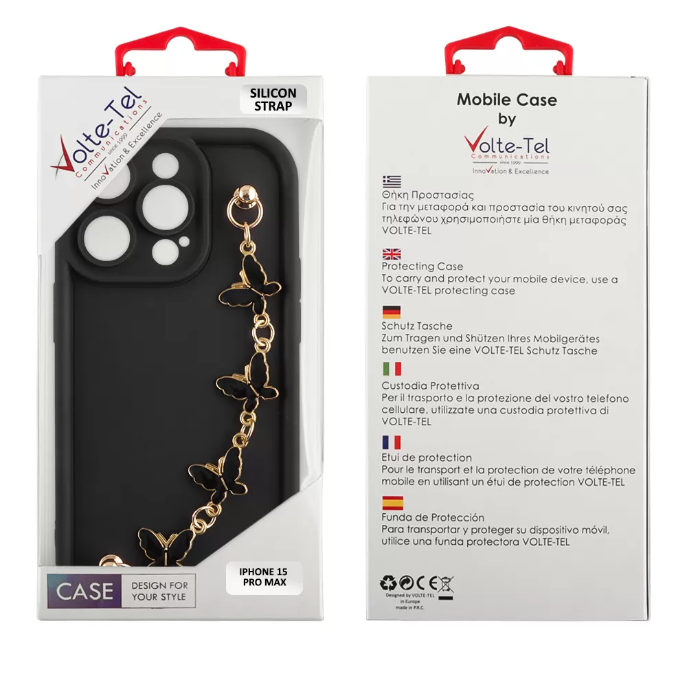 VOLTE-TEL ΘΗΚΗ IPHONE 15 PRO MAX 6.7" SILICON TPU WITH STRAP FULL CAMERA PROTECTION BLACK WITH BLACK BUTTERFLIES - Image 2