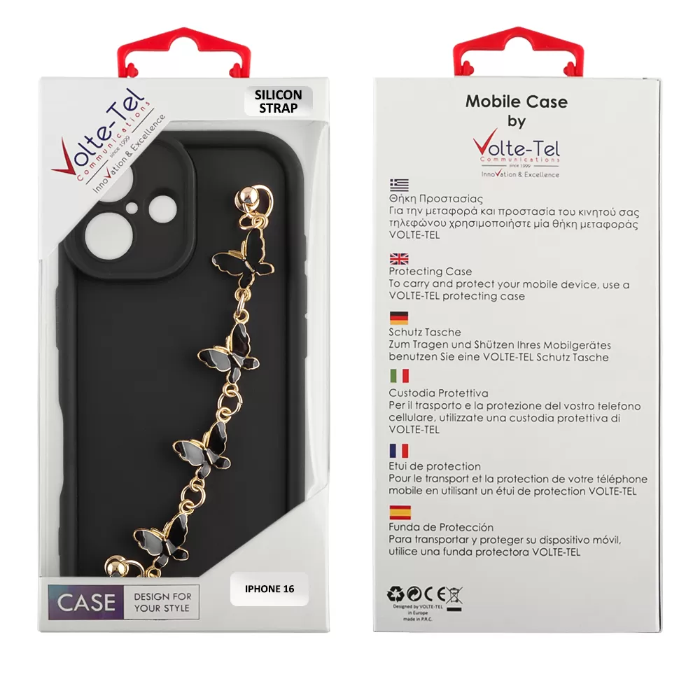 VOLTE-TEL ΘΗΚΗ IPHONE 16 6.1" SILICON TPU WITH STRAP FULL CAMERA PROTECTION BLACK WITH BLACK BUTTERFLIES - Image 2