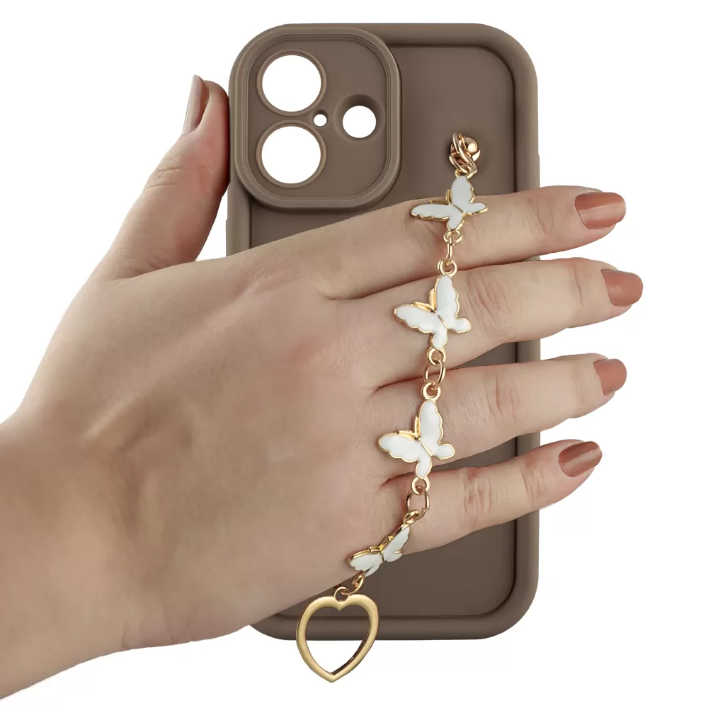 VOLTE-TEL ΘΗΚΗ IPHONE 16 6.1" SILICON TPU WITH STRAP FULL CAMERA PROTECTION BROWN WITH WHITE BUTTERFLIES - Image 5