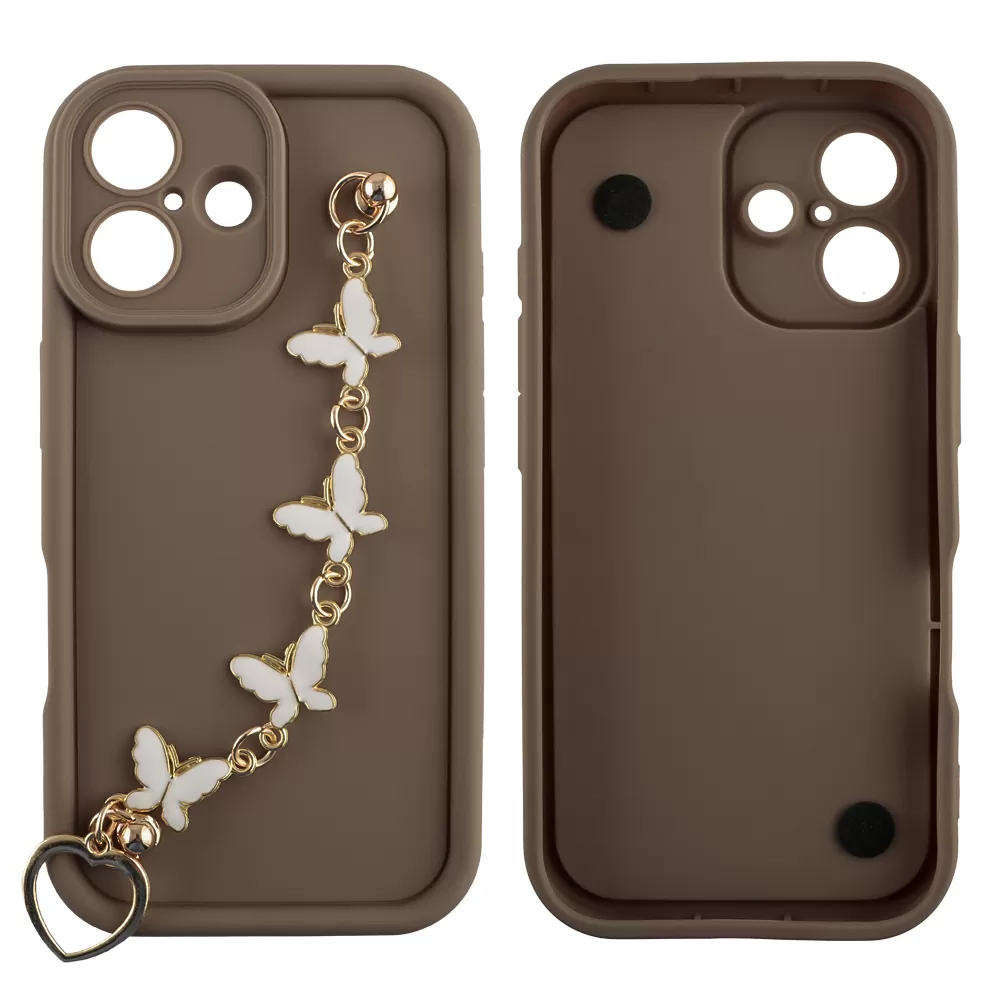 VOLTE-TEL ΘΗΚΗ IPHONE 16 6.1" SILICON TPU WITH STRAP FULL CAMERA PROTECTION BROWN WITH WHITE BUTTERFLIES - Image 3