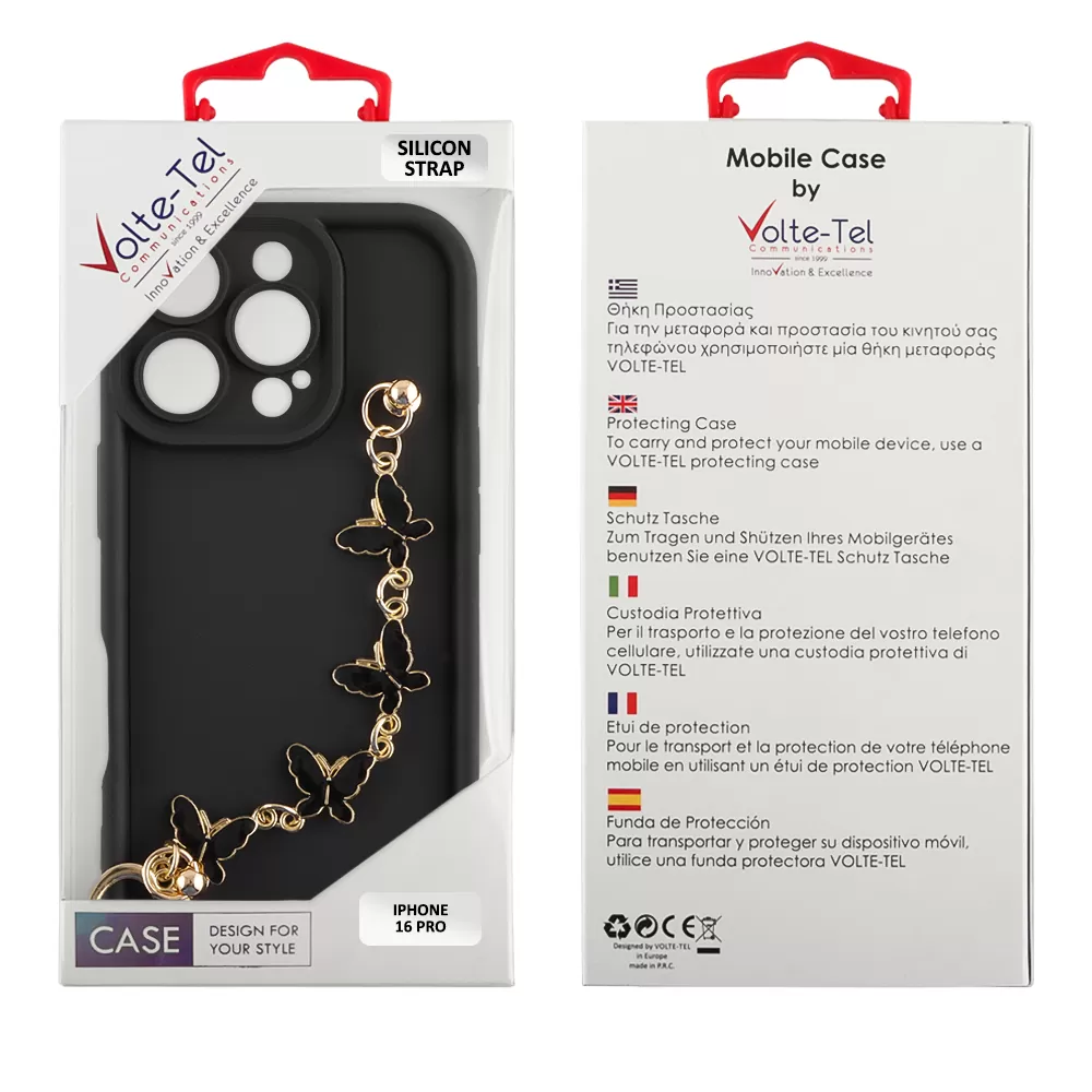 VOLTE-TEL ΘΗΚΗ IPHONE 16 PRO 6.3" SILICON TPU WITH STRAP FULL CAMERA PROTECTION BLACK WITH BLACK BUTTERFLIES - Image 2