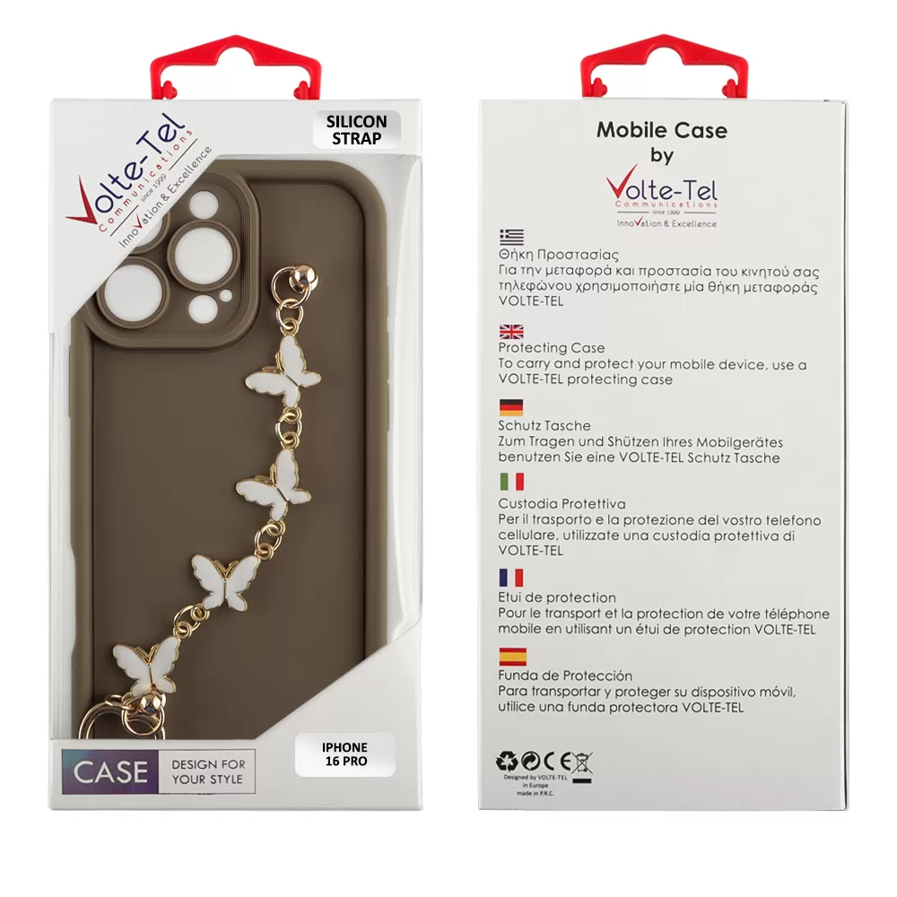 VOLTE-TEL ΘΗΚΗ IPHONE 16 PRO 6.3" SILICON TPU WITH STRAP FULL CAMERA PROTECTION BROWN WITH WHITE BUTTERFLIES - Image 2