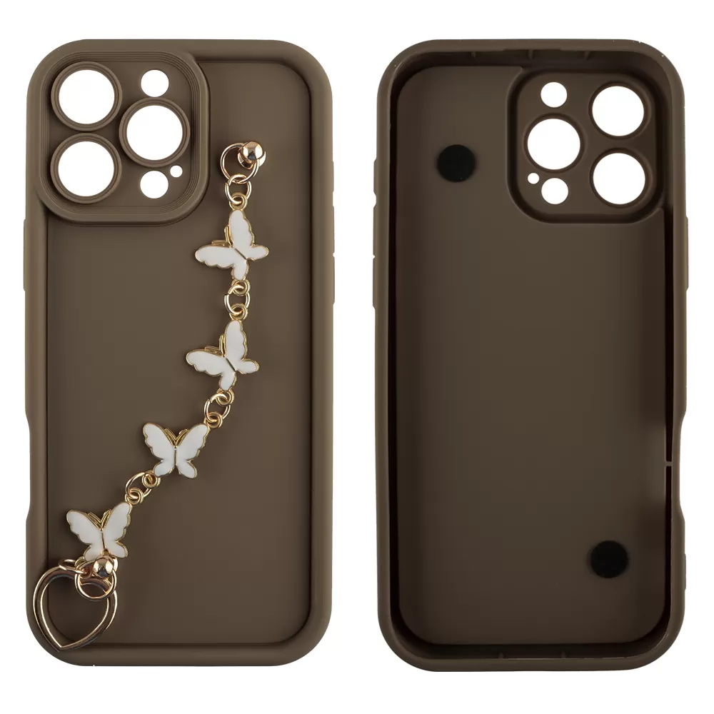 VOLTE-TEL ΘΗΚΗ IPHONE 16 PRO MAX 6.9" SILICON TPU WITH STRAP FULL CAMERA PROTECTION BROWN WITH WHITE BUTTERFLIES - Image 3