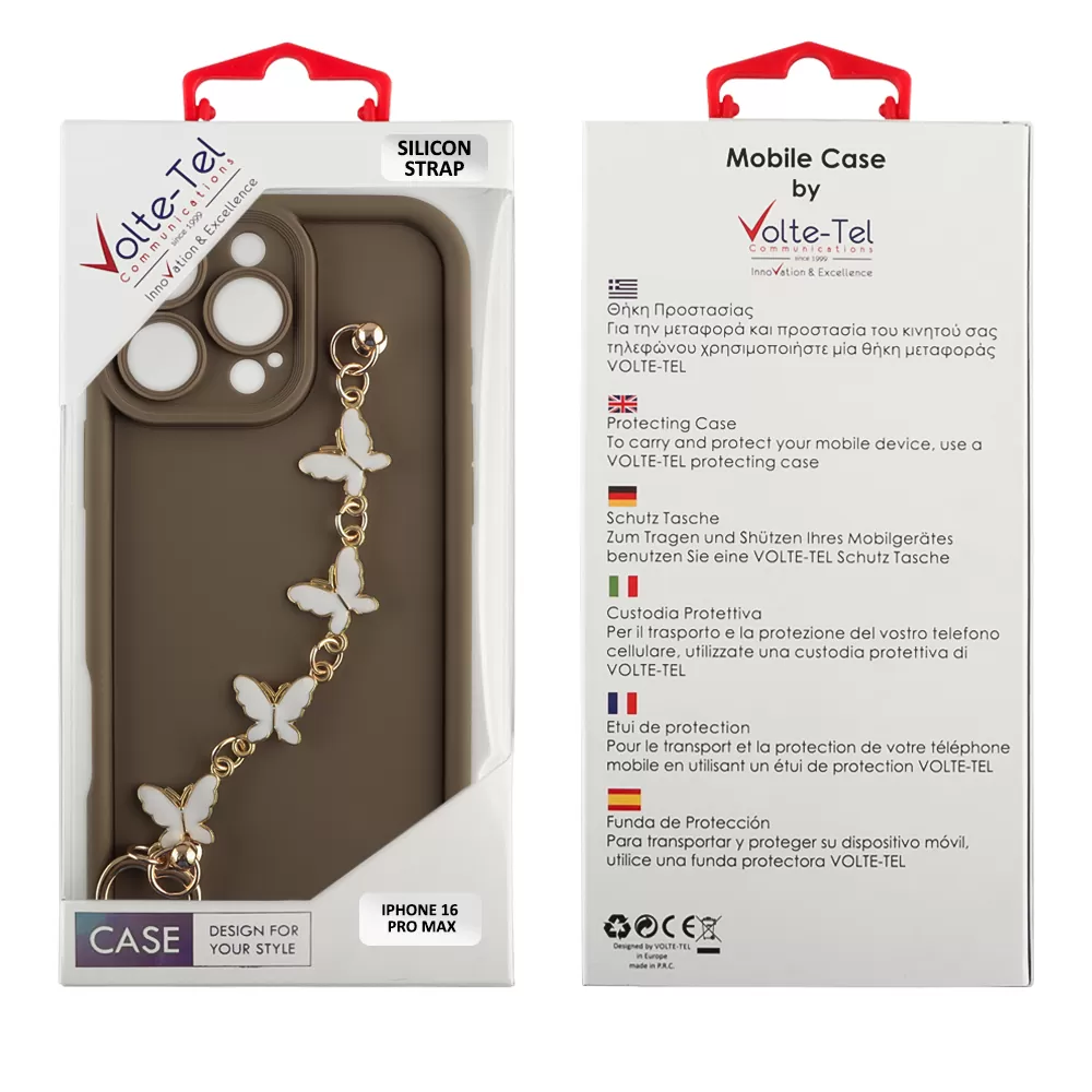 VOLTE-TEL ΘΗΚΗ IPHONE 16 PRO MAX 6.9" SILICON TPU WITH STRAP FULL CAMERA PROTECTION BROWN WITH WHITE BUTTERFLIES - Image 2