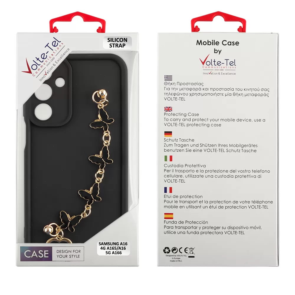 VOLTE-TEL ΘΗΚΗ SAMSUNG A16 4G A165/A16 5G A166 6.7" SILICON TPU WITH STRAP FULL CAMERA PROTECTION BLACK WITH BLACK BUTTERFLIES - Image 2