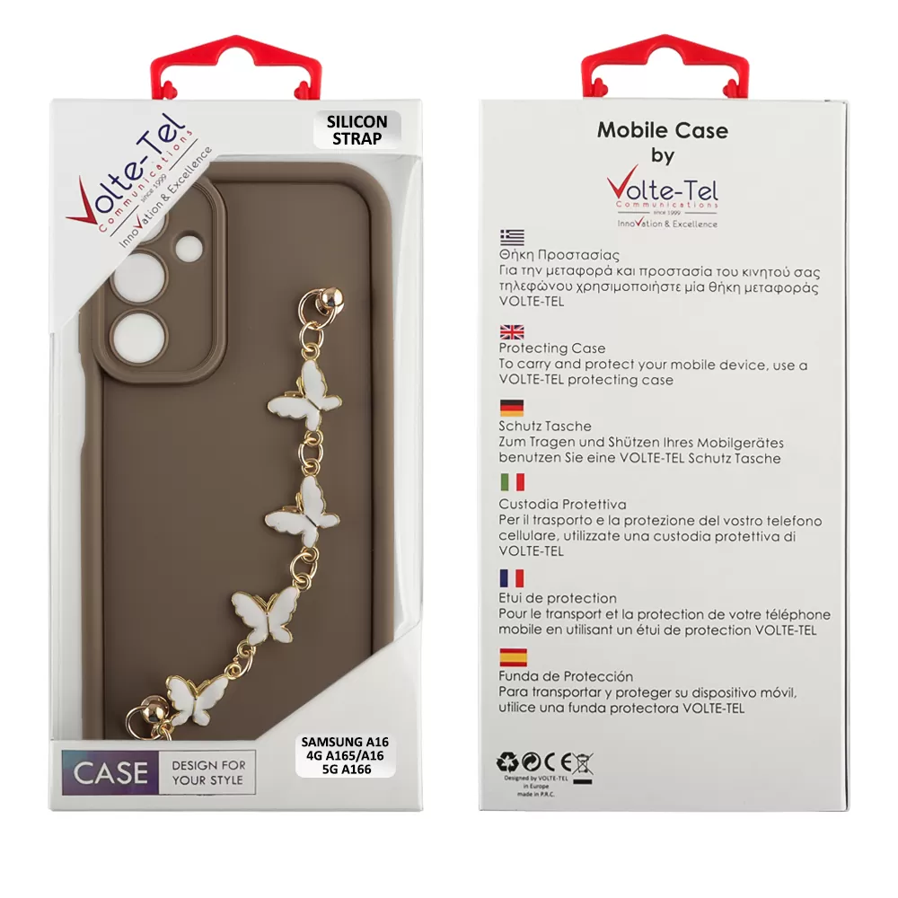 VOLTE-TEL ΘΗΚΗ SAMSUNG A16 4G A165/A16 5G A166 6.7" SILICON TPU WITH STRAP FULL CAMERA PROTECTION BROWN WITH WHITE BUTTERFLIES - Image 2
