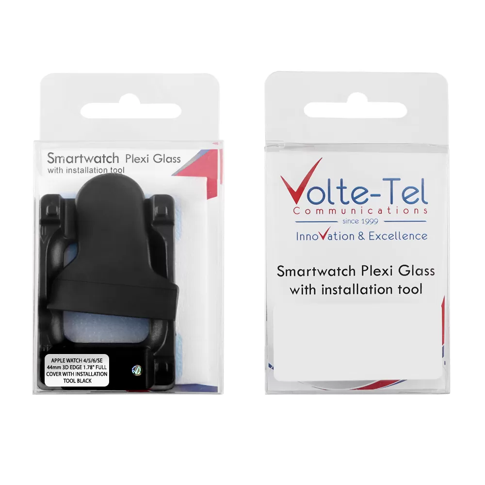 VOLTE-TEL TEMPERED PLEXI GLASS APPLE WATCH 4/5/6/SE 44mm 3D EDGE 1.78" 9H 0.30mm FULL COVER WITH INSTALLATION TOOL BLACK - Image 2