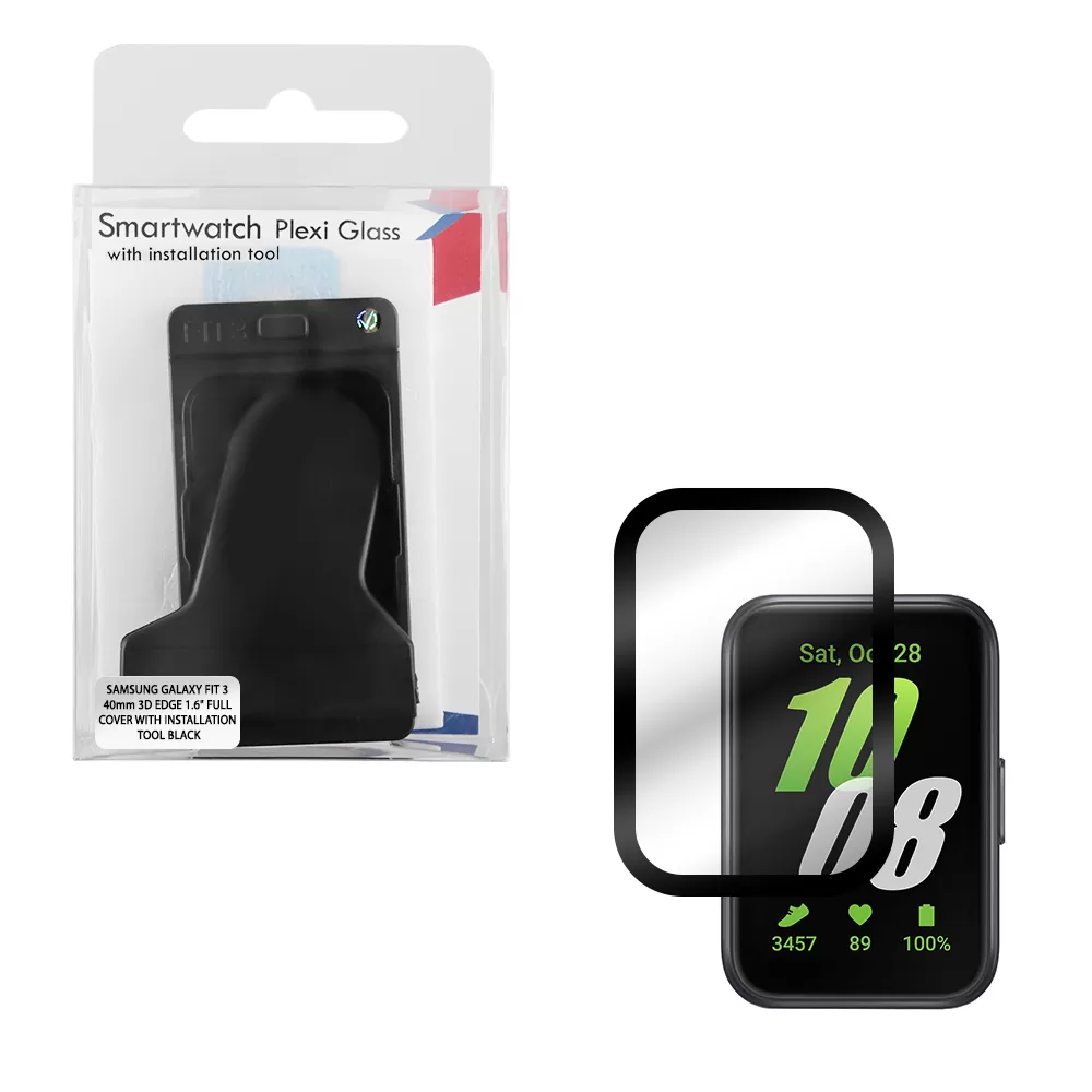 VOLTE-TEL TEMPERED PLEXI GLASS SAMSUNG GALAXY FIT 3 40mm 3D EDGE 1.6" 9H 0.30mm FULL COVER WITH INSTALLATION TOOL BLACK