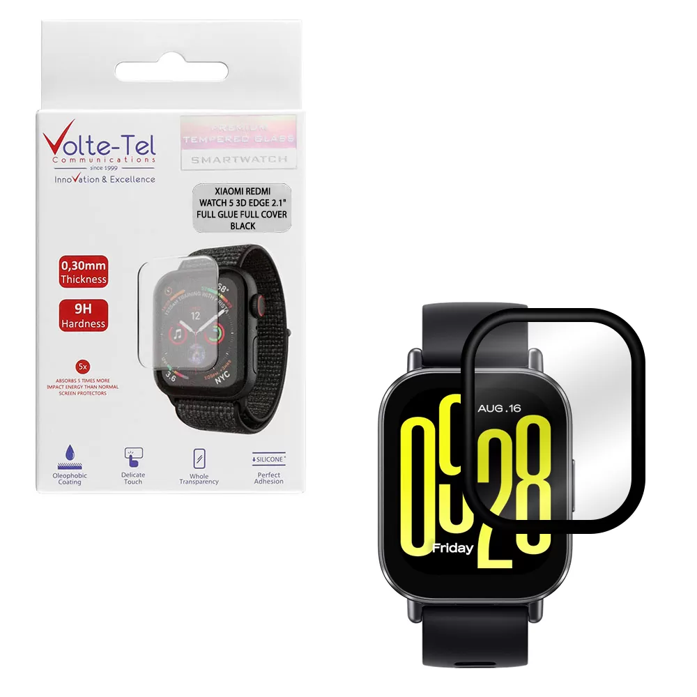 VOLTE-TEL TEMPERED PLEXI GLASS XIAOMI REDMI WATCH 5 3D EDGE 2.1" 0.30mm FULL GLUE FULL COVER BLACK