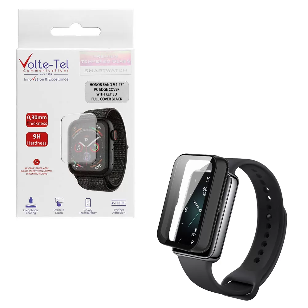 VOLTE-TEL TEMPERED GLASS HONOR BAND 9 1.47" 9H 0.30mm PC EDGE COVER WITH KEY 3D FULL GLUE FULL COVER BLACK