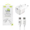 LIME TYPE C GAN PD 3.0 SUPER FAST TRAVEL LTC54W 54W 5V-9V 4.0A/12V 3.5A/20V 2.7A+ΦΟΡΤΙΣΗΣ-DATA LCC04 TYPE C TO TYPE C 78W WHITE