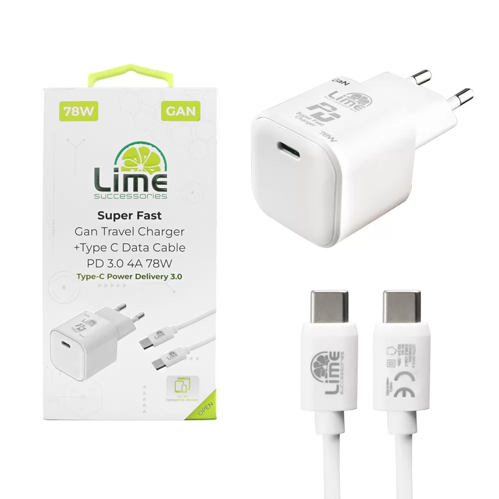 LIME TYPE C GAN PD 3.0 SUPER FAST TRAVEL LTC54W 54W 5V-9V 4.0A/12V 3.5A/20V 2.7A+ΦΟΡΤΙΣΗΣ-DATA LCC04 TYPE C TO TYPE C 78W WHITE