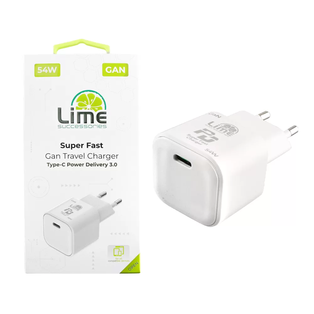LIME TYPE C GAN PD 3.0 SUPER FAST TRAVEL LTC54W 54W 5V 4.0A/9V 4.0A/ 12V 3.5A/ 15V 3.33A/ 20V 2.7A WHITE