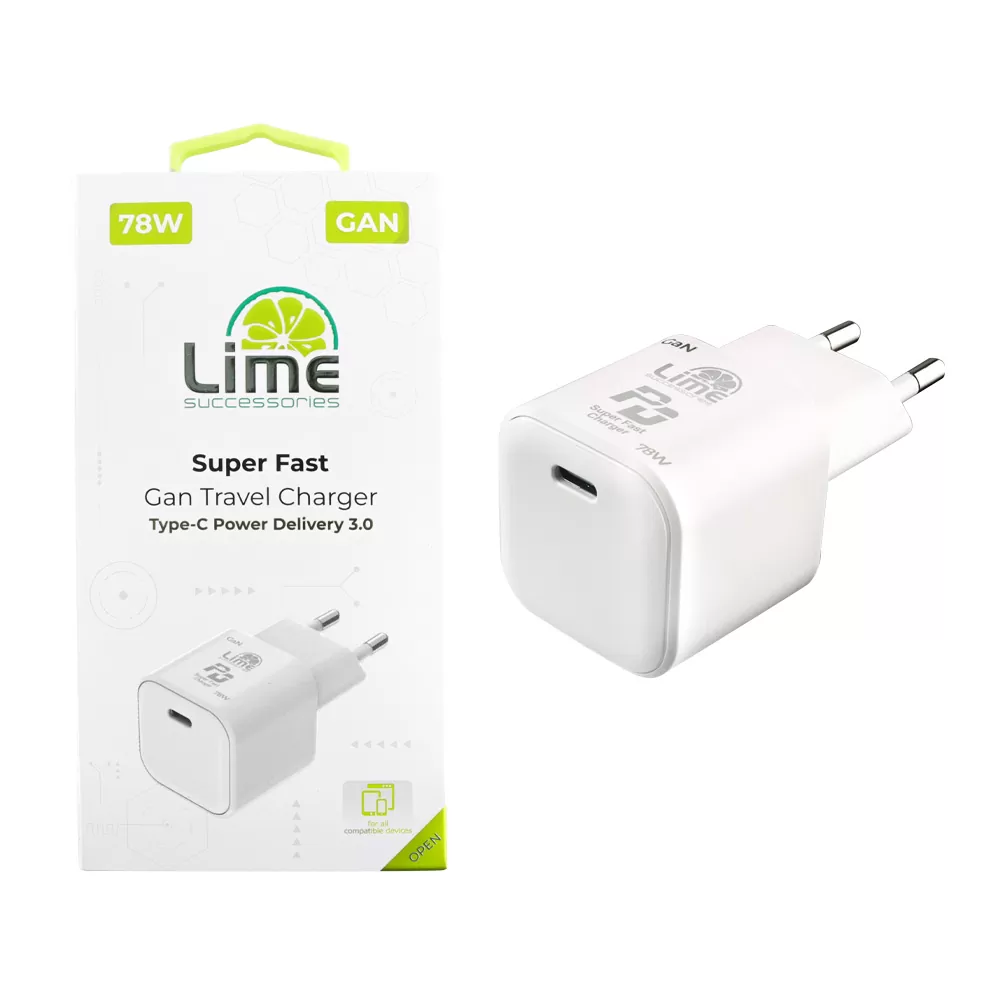 LIME TYPE C GAN PD 3.0 SUPER FAST TRAVEL LTC78W 78W 5V 4.0A /9V 4A/ 12V 4.0A/ 12V 4.0A/ 15V 4.0A/ 20V 3.9A WHITE