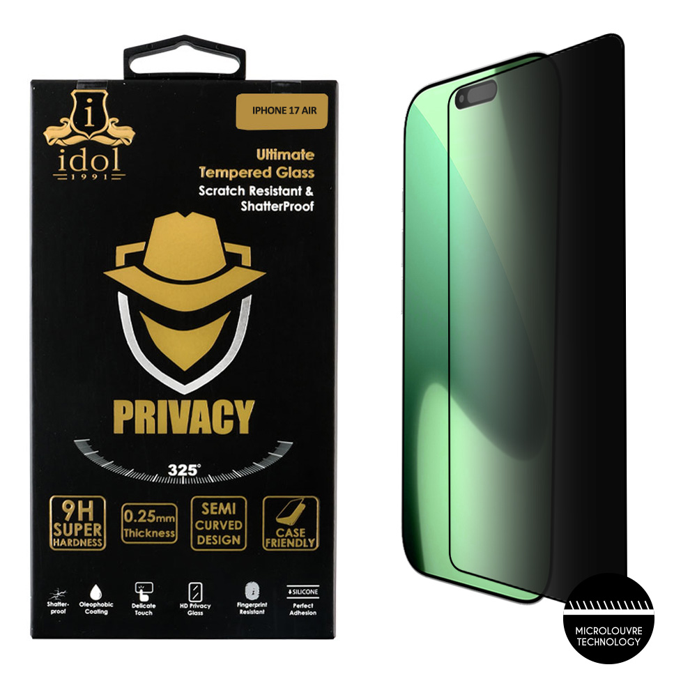 IDOL 1991 TEMPERED GLASS IPHONE 17 AIR 6.5" 9H 0.25mm PRIVACY ANTISPY SEMI CURVED FULL GLUE BLACK