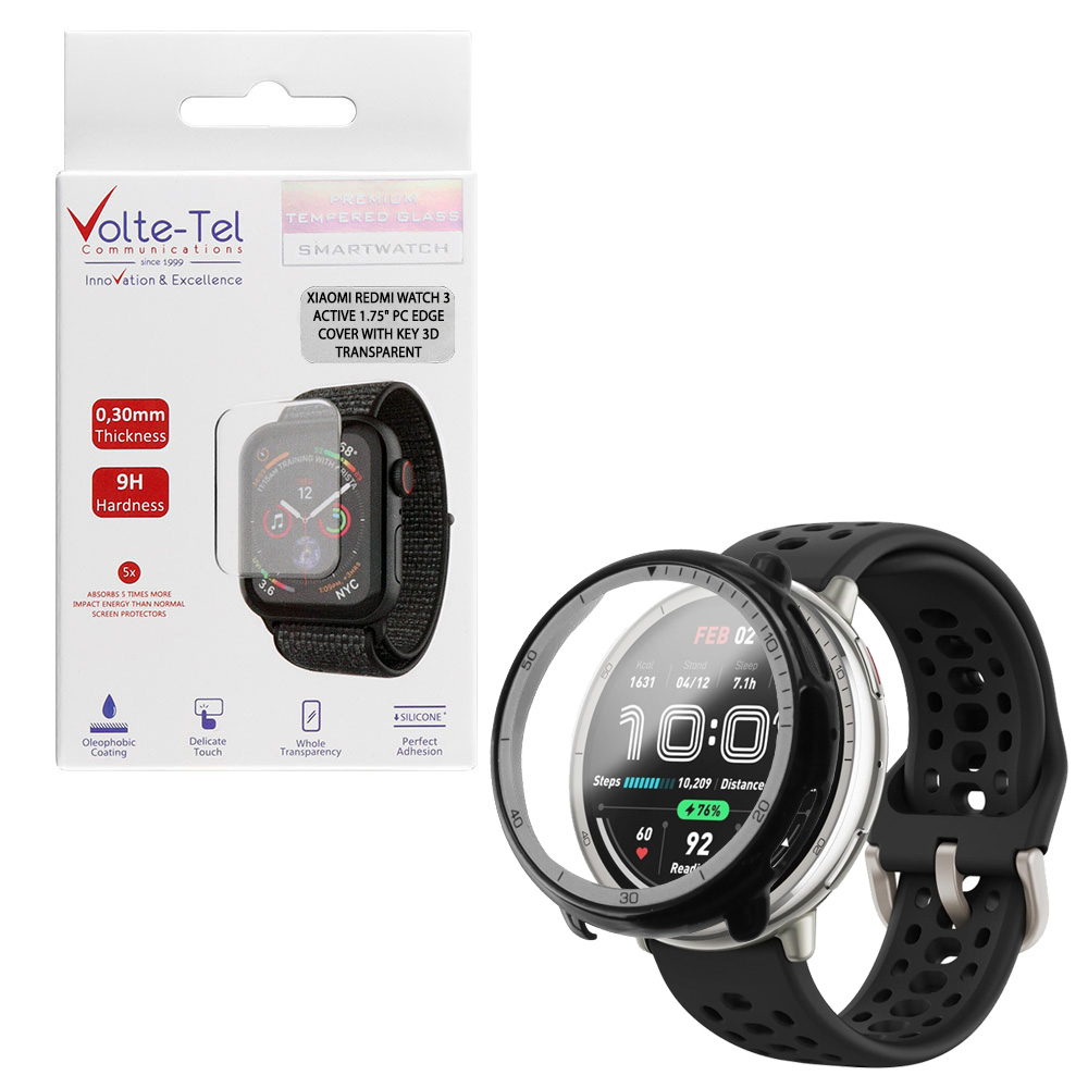 VOLTE-TEL TEMPERED GLASS WATCH AMAZFIT ACTIVE 2 1.32" 9H 0.30mm PC EDGE COVER WITH KEY 3D FULL GLUE FULL COVER BLACK
