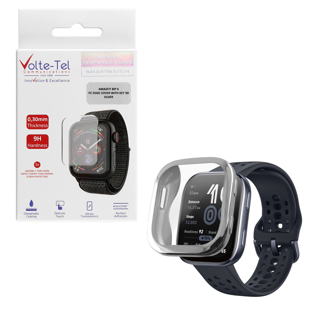 VOLTE-TEL TEMPERED GLASS AMAZFIT BIP 6 46mm 1.97" 9H 0.30mm EDGE WITH KEY 3D FULL COVER SILVER