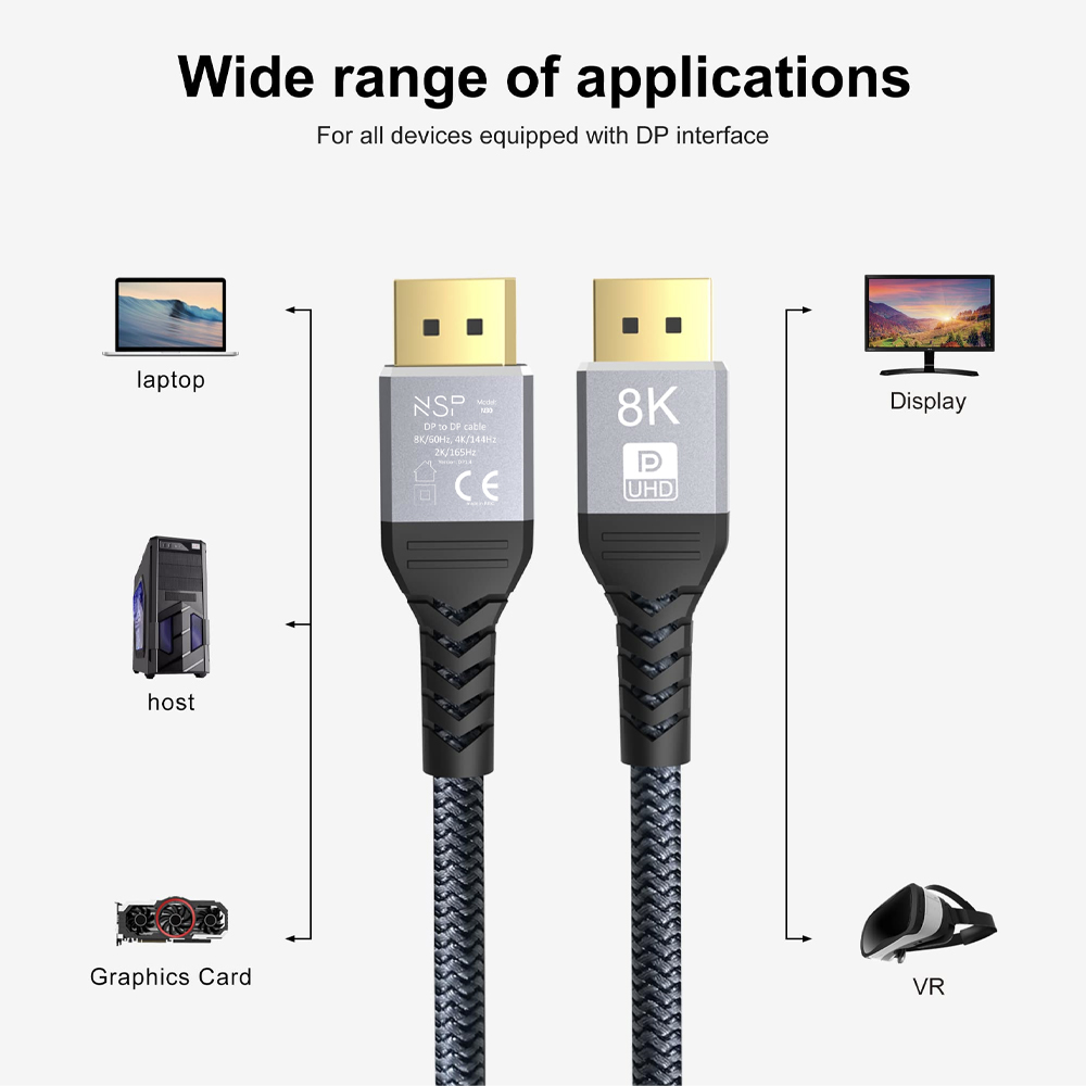 NSP N30 DISPLAY PORT CABLE TO DISPLAY PORT V1.4 8K/60HZ 4K/144HZ 2K/165HZ V.DP1.4 1.5m GREY - Image 7