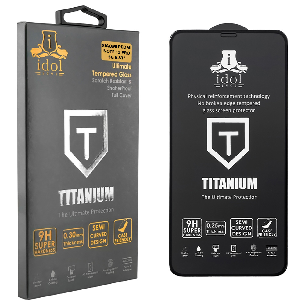 IDOL 1991 TEMPERED GLASS XIAOMI REDMI NOTE 15 PRO 5G 6.83" 9H 0.25mm TITANIUM SEMI CURVED FINGER UNLOCK FULL GLUE BLACK