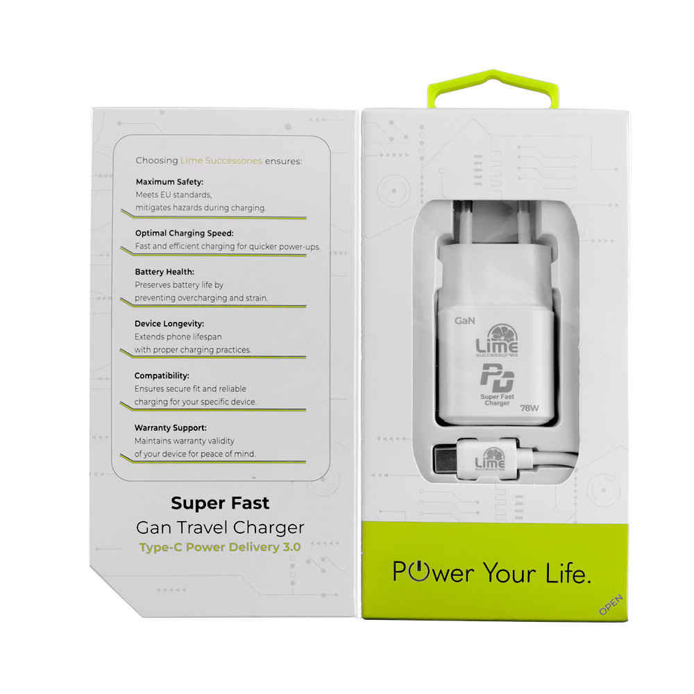 LIME TYPE C GAN PD 3.0 SUPER FAST TRAVEL LTC78W 5V-15V 4.0A/ 20V 3.9A 78W+ ΦΟΡΤΙΣΗΣ-DATA LCC04 TYPE C TO TYPE C 78W WHITE - Image 4