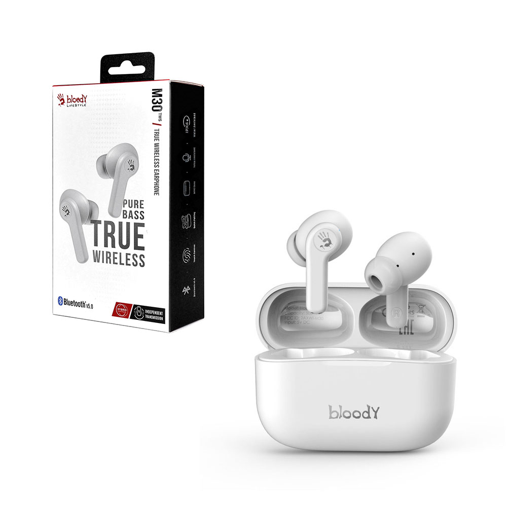 BLOODY BLUETOOTH STEREO M30 TWS HEADSET V5.0 IPX4 ΑΔΙΑΒΡΟΧΑ ΜΕ ΘΗΚΗ ΦΟΡΤΙΣΗΣ - ΜΕΤΑΦΟΡΑΣ WHITE GR