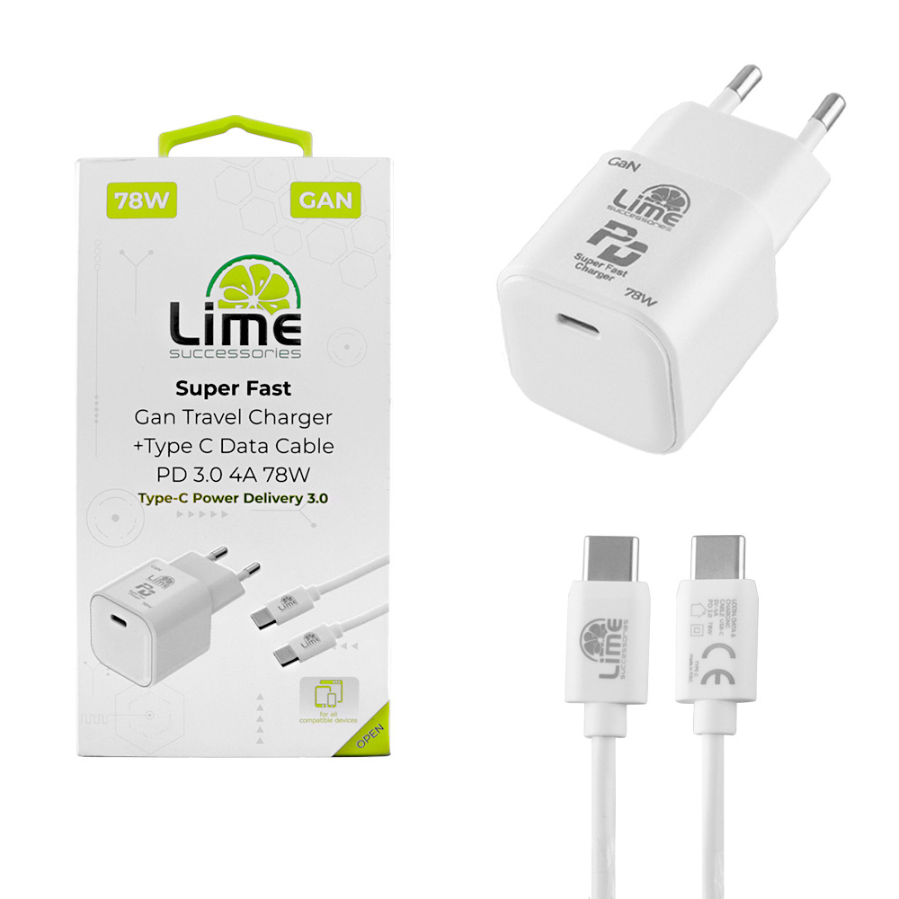 LIME TYPE C GAN PD 3.0 SUPER FAST TRAVEL LTC78W 5V-15V 4.0A/ 20V 3.9A 78W+ ΦΟΡΤΙΣΗΣ-DATA LCC04 TYPE C TO TYPE C 78W WHITE