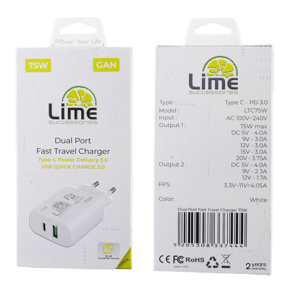 LIME TYPE C GAN PD 3.0 DUAL SUPER FAST TRAVEL LTC75W 4.0A PD 54W + USB QC 3.0 21W TOTAL 75W WHITE - Image 2