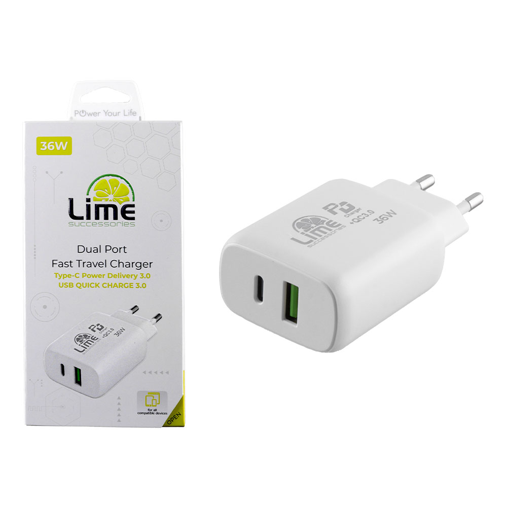 LIME TYPE C PD 3.0 DUAL SUPER FAST TRAVEL LTC36W 4.0A 36W - USB QC 3.0 21W max 36W WHITE - Image 8
