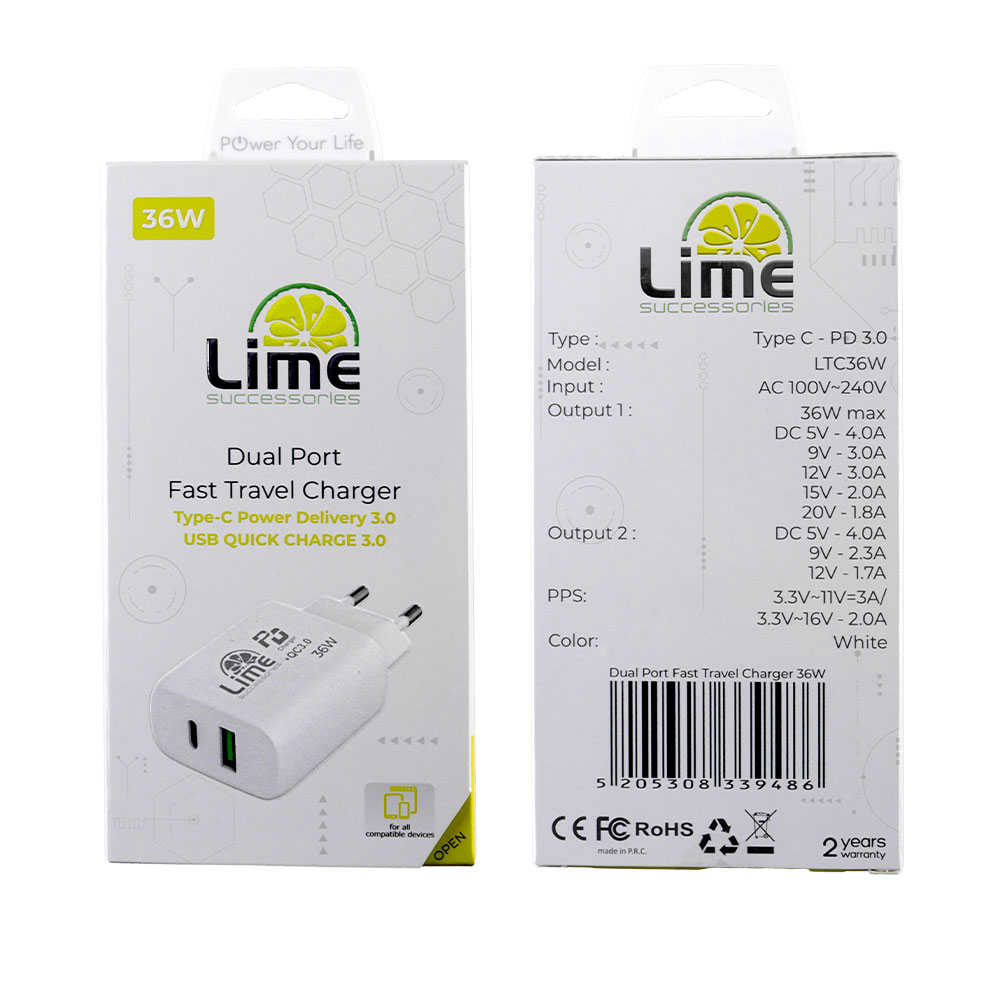 LIME TYPE C PD 3.0 DUAL SUPER FAST TRAVEL LTC36W 4.0A 36W - USB QC 3.0 21W max 36W WHITE - Image 2