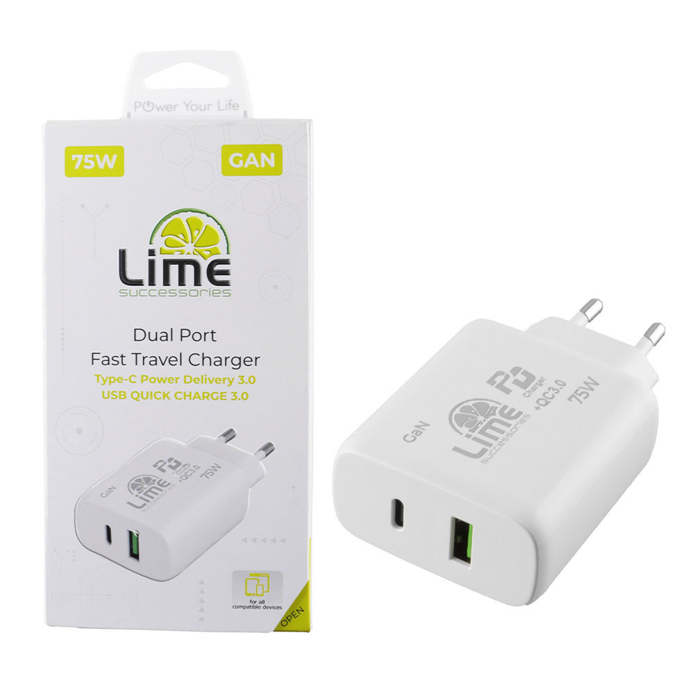 LIME TYPE C GAN PD 3.0 DUAL SUPER FAST TRAVEL LTC75W 4.0A PD 54W + USB QC 3.0 21W TOTAL 75W WHITE