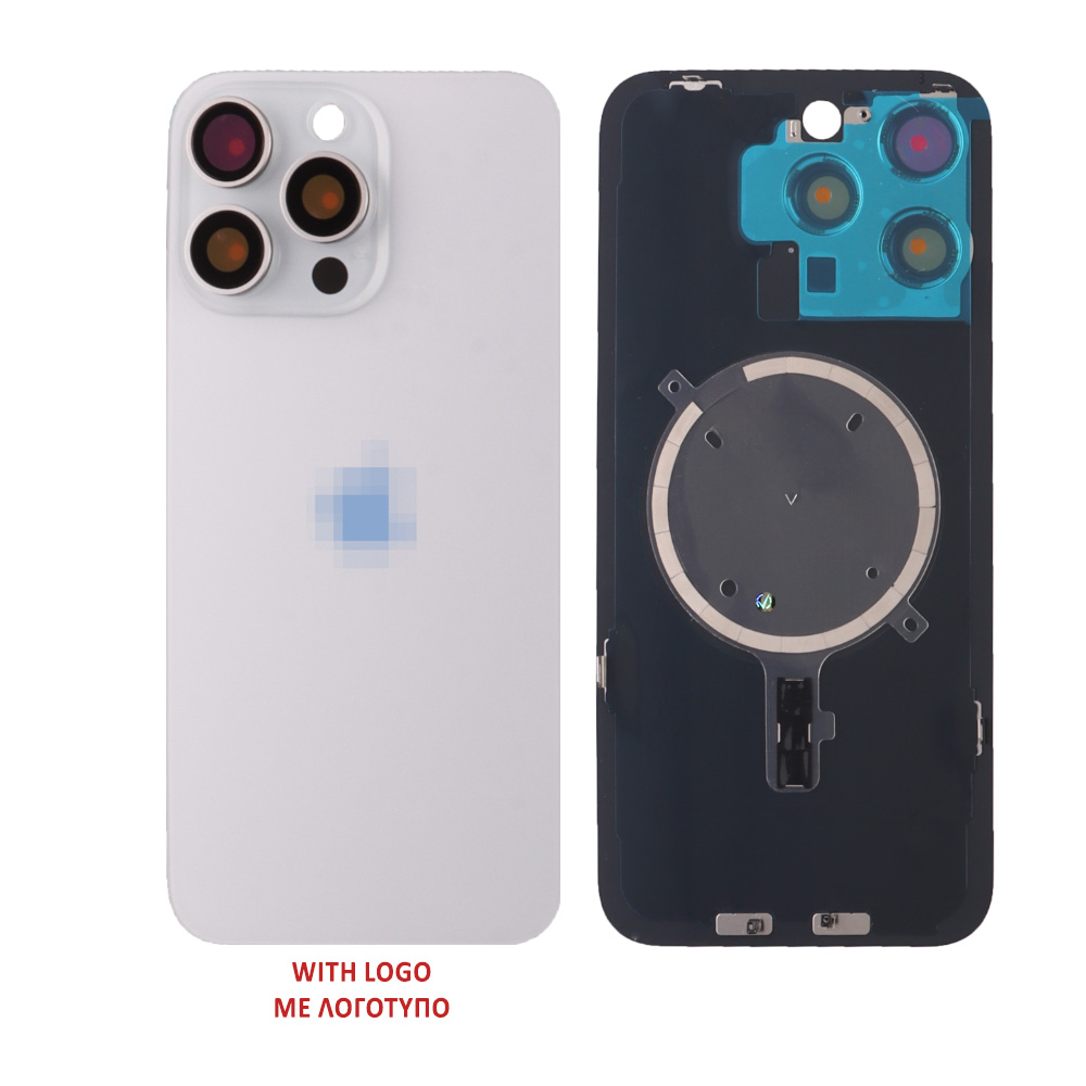 FOR IPHONE 15 PRO MAX BATTERY COVER + CAMERA LENS + METAL PLATE + MAGSAFE TITANIUM WHITE