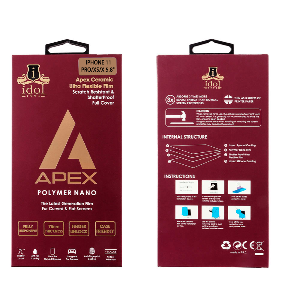 IDOL 1991 APEX POLYMER NANOTECH FILM IPHONE 11 PRO/XS/X 5.8in FULL COVER WITH INSTALLATION KIT - Image 2