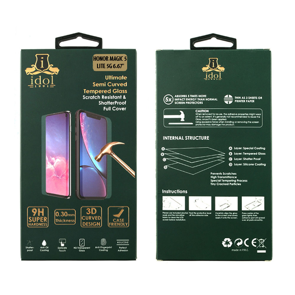 IDOL 1991 GLAMOUR TEMPERED GLASS HONOR MAGIC 5 LITE 5G 6.67in 9H 0.30mm FULL COVER 3D FULL GLUE FINGER UNLOCK BLACK+SQUEEZY CARD - Image 4