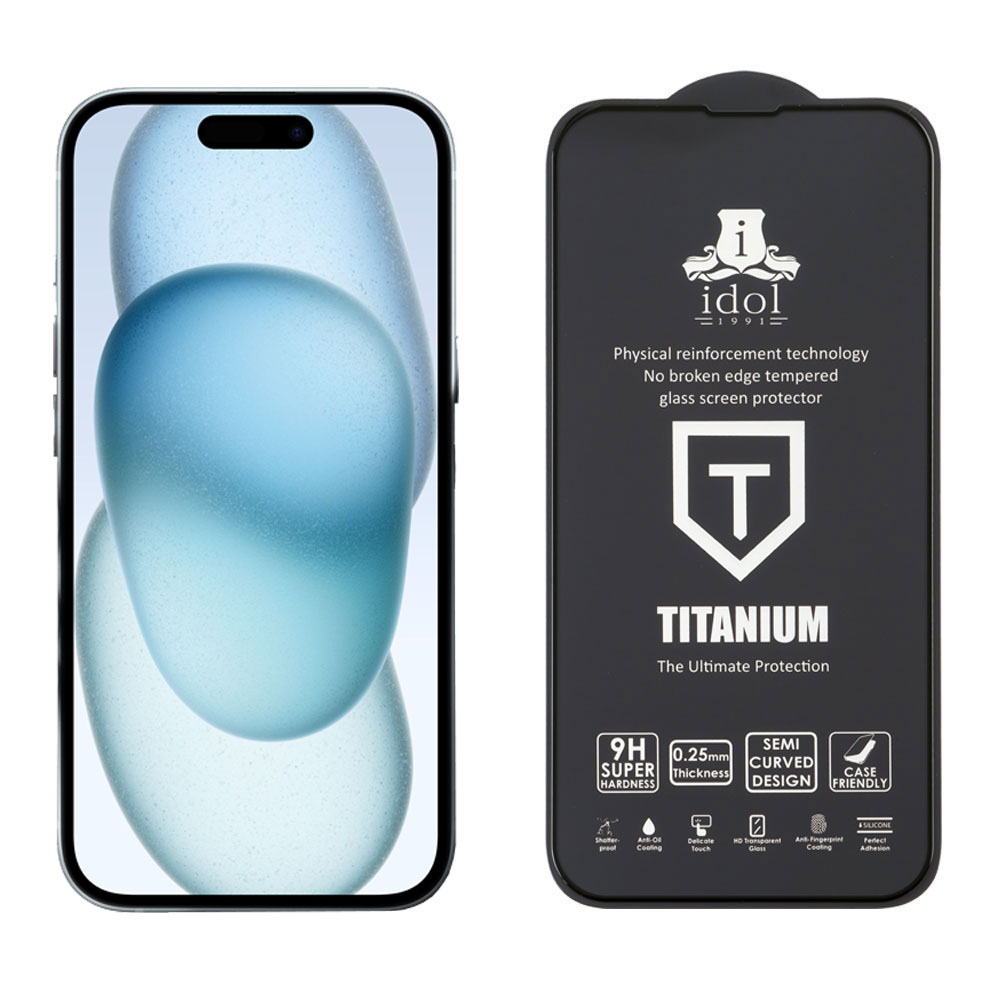 IDOL 1991 TITANIUM TEMPERED GLASS IPHONE 15 6.1in 9H 0.25mm SEMI CURVED FULL GLUE BLACK - Image 5