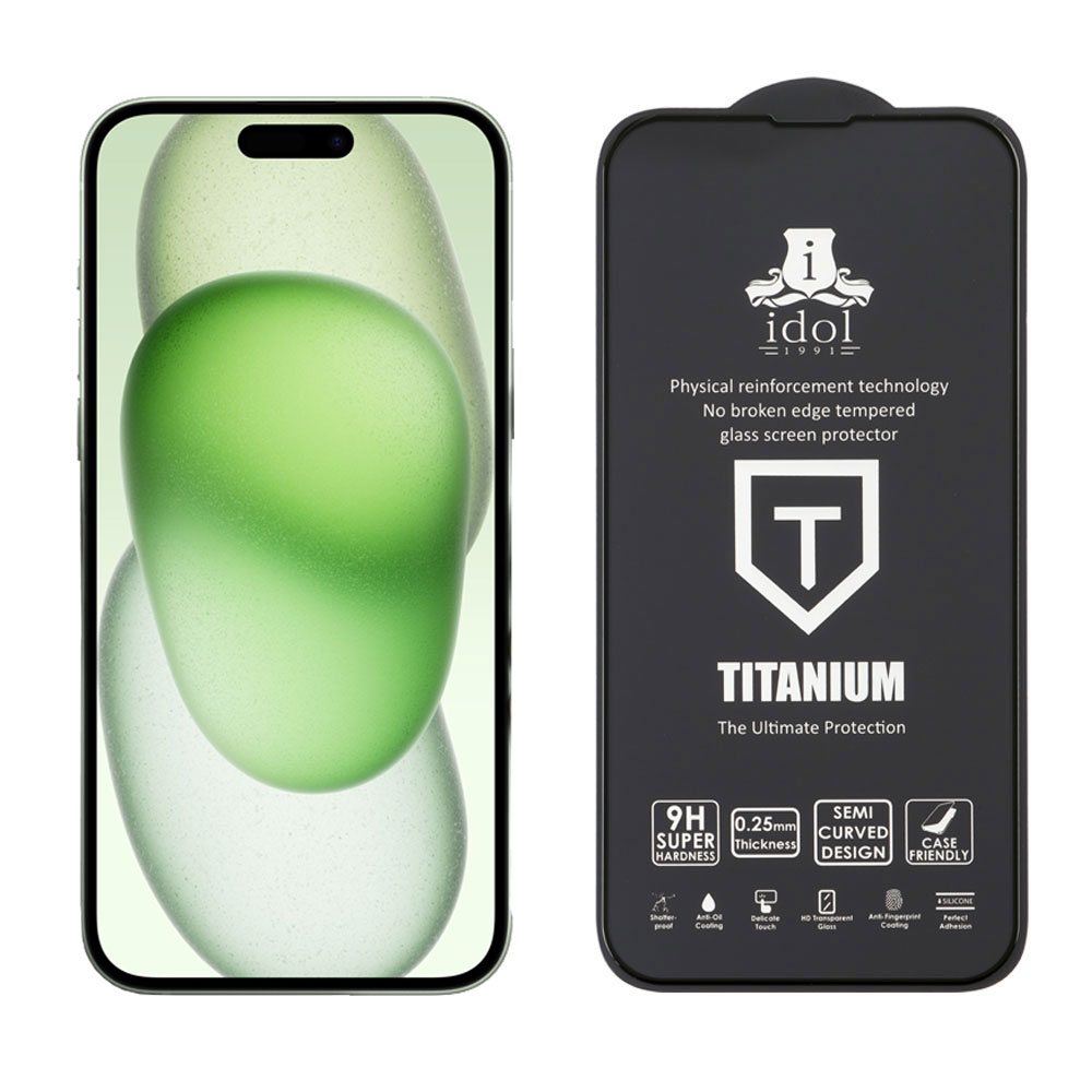 IDOL 1991 TITANIUM TEMPERED GLASS IPHONE 15 PLUS 6.7in 9H 0.25mm SEMI CURVED FULL GLUE BLACK - Image 5