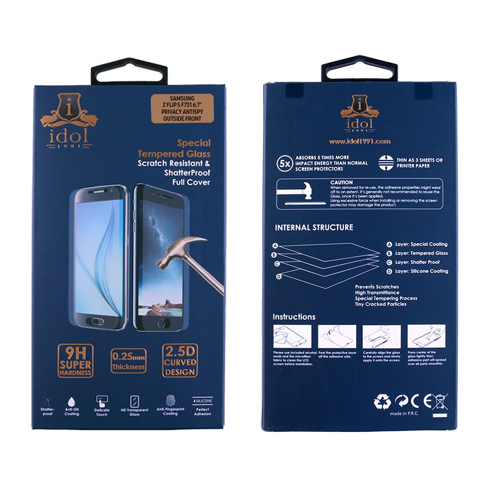 IDOL 1991 PRIVACY ANTISPY TEMPERED GLASS SAMSUNG Z FLIP 5 5G F731 6.7in 9H 0.25mm SEMI CURVED FULL GLUE BLACK - Image 2