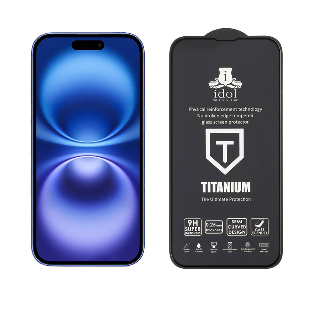 IDOL 1991 TITANIUM TEMPERED GLASS IPHONE 16 PLUS 6.7in 9H 0.25mm SEMI CURVED FULL GLUE BLACK - Image 5