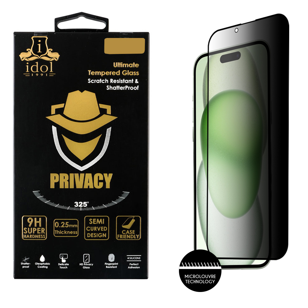 IDOL 1991 PRIVACY ANTISPY TEMPERED GLASS IPHONE 15 PLUS 6.7in 9H 0.25mm SEMI CURVED FULL GLUE BLACK