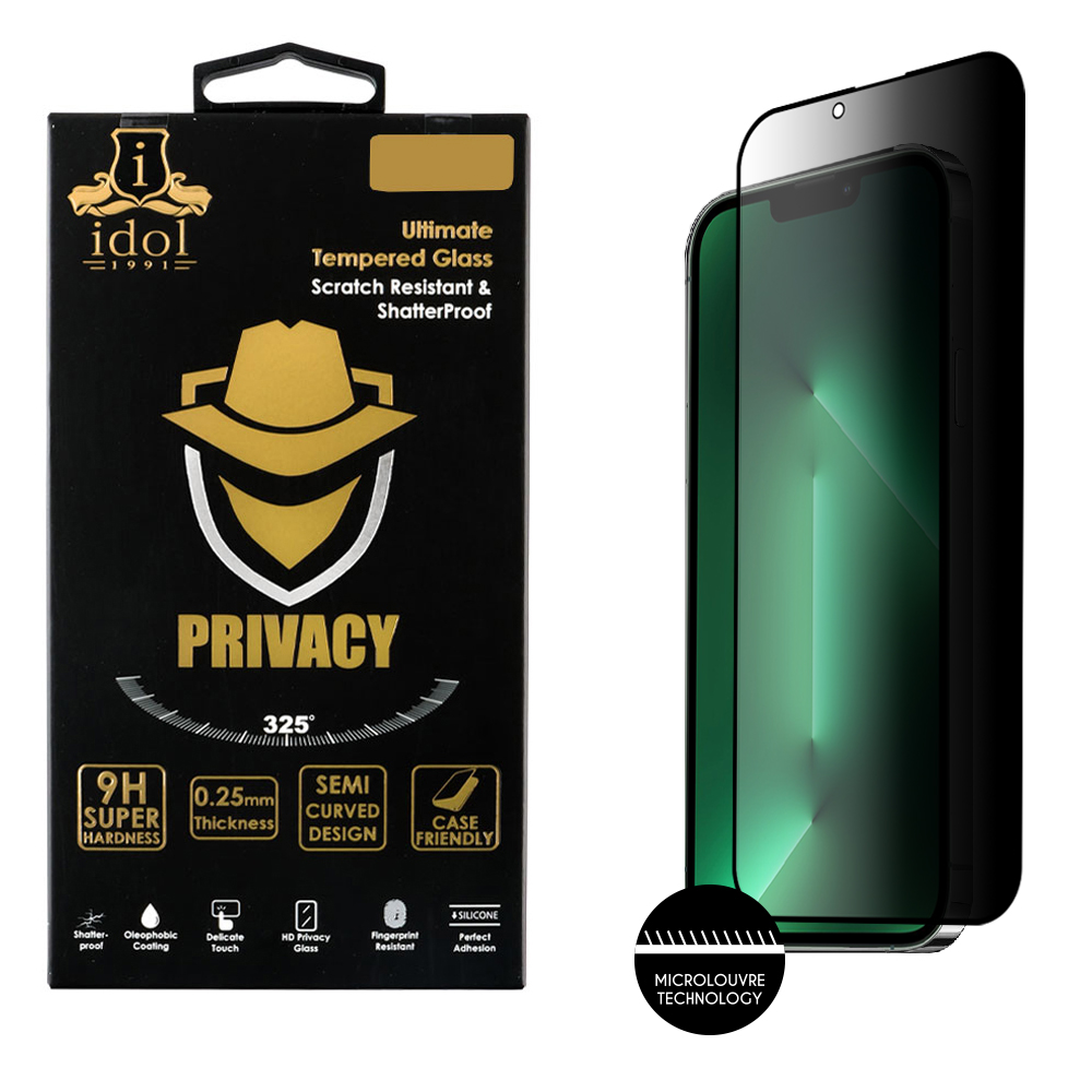 IDOL 1991 PRIVACY ANTISPY TEMPERED GLASS IPHONE 14 6.1in 9H 0.25mm SEMI CURVED FULL GLUE BLACK