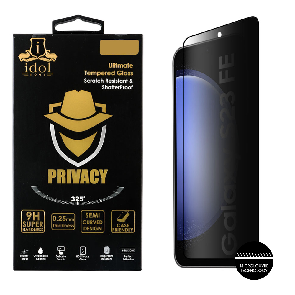 IDOL 1991 PRIVACY ANTISPY TEMPERED GLASS SAMSUNG S23 FE 6.4in 9H 0.25mm SEMI CURVED FULL GLUE BLACK