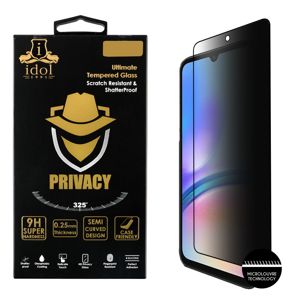 IDOL 1991 PRIVACY ANTISPY TEMPERED GLASS SAMSUNG A05s 4G A057/F14 4G E145 6.7in 9H 0.25mm SEMI CURVED FULL GLUE BLACK