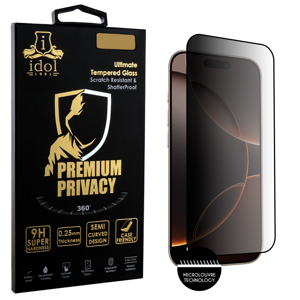 IDOL 1991 PREMIUM PRIVACY ANTISPY TEMPERED GLASS IPHONE 16 PRO MAX 6.9in 9H 0.25mm SEMI CURVED FULL GLUE BLACK