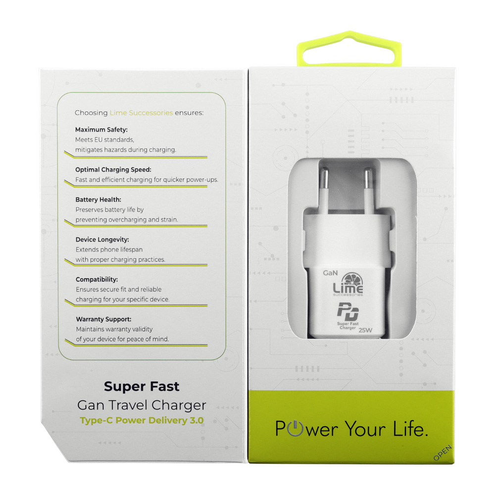 LIME TYPE C MINI GAN PD 3.0 SUPER FAST TRAVEL LGC25W 5V 4.0A/ 9V 2.77A/ 12V 2.08A 25W WHITE - Image 4