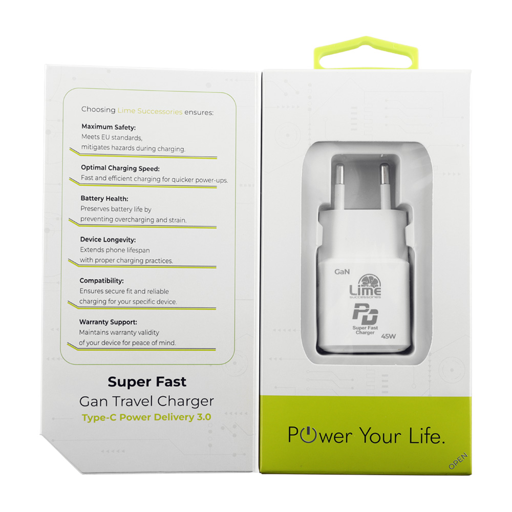 LIME TYPE C GAN PD 3.0 SUPER FAST TRAVEL QC 3.0 LGC45W 5V 4.0A /9V 4A/ 12V 3.75A/ 15V 3A/ 20V 2.25A 45W WHITE - Image 4