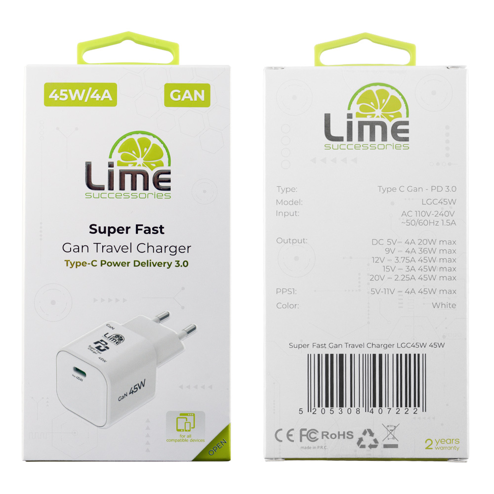 LIME TYPE C GAN PD 3.0 SUPER FAST TRAVEL QC 3.0 LGC45W 5V 4.0A /9V 4A/ 12V 3.75A/ 15V 3A/ 20V 2.25A 45W WHITE - Image 2