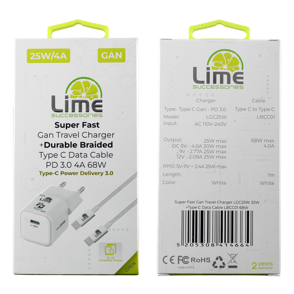 LIME TYPE C MINI GAN PD 3.0 SUPER FAST TRAVEL LGC25W 5V 4.0A/ 9V 2.77A 25W+ BRAIDED ΦΟΡΤΙΣΗΣ-DATA LBCC01 TYPE C TO TYPE C 68W - Image 2